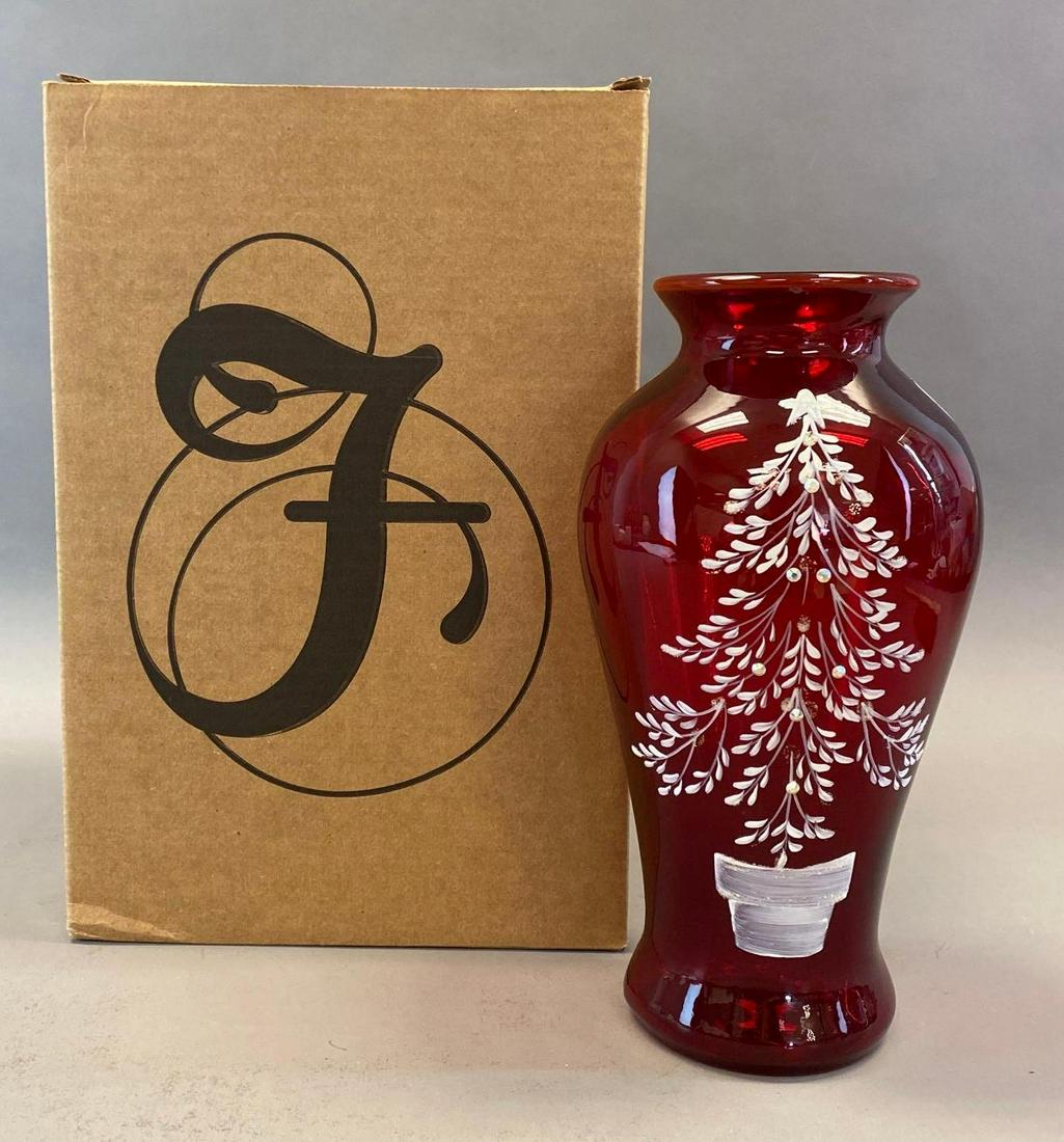 Fenton Red Painted Christmas Tree Glass Vase Auction