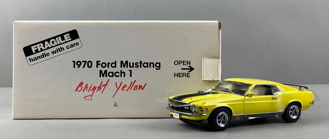 Danbury Mint 1970 Ford Mustang Mach 1: Original box. Die-cast. 1/24 scale. New condition. Color - Bright Yellow. With certificate of title