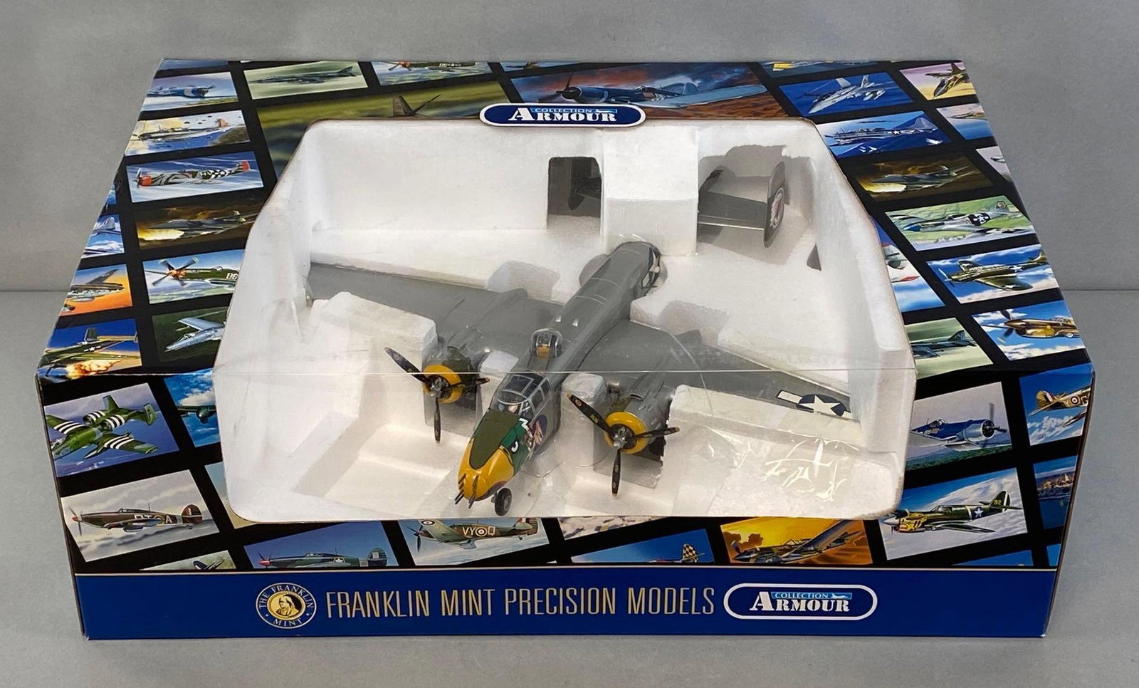 Franklin Mint B-25 Mitchel Lady Lill Pacific Theatre Gun Ship: US WW2, With original interior and exterior box, Die-Cast, 1/48 scale, Some damage on exterior box.