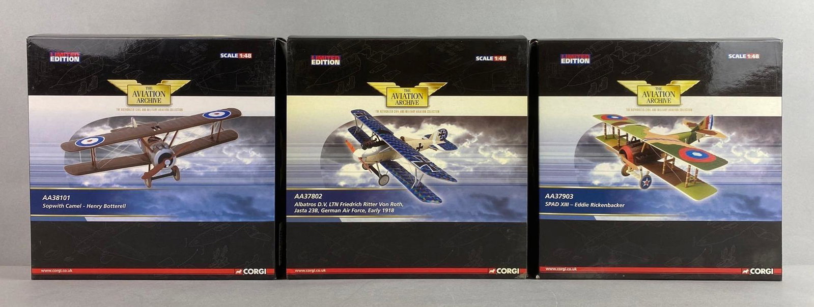 Group of 3 Corgi Limited Edition Planes: Includes 1918 German Air Force Albatros DV, Sopwith Camel, and SPAD XIII. With original boxes, die-cast, 1/48 scale, new condition