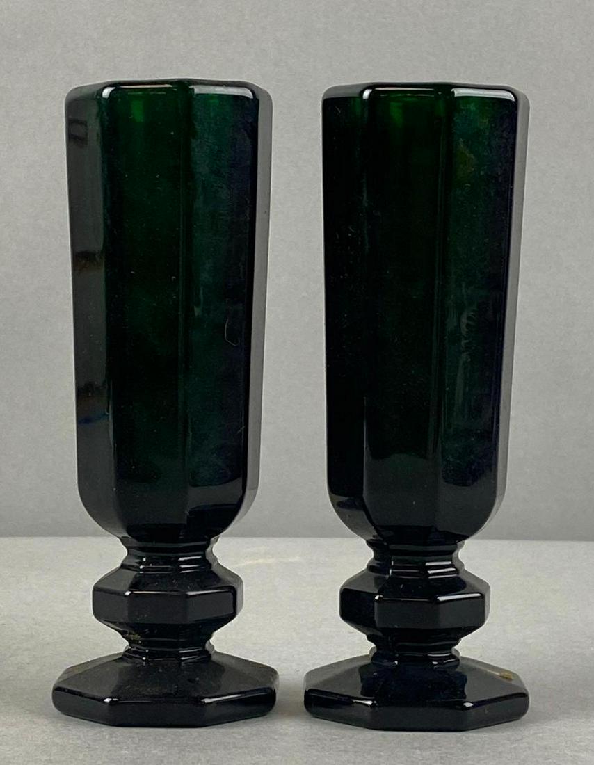 Group of 2 Green Glass Vases: Measures 6 x 2 inches