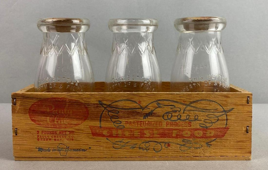 Group Of 3 Oak Hill Dairy Clear Glass Advertising Milk Bottle In Crate