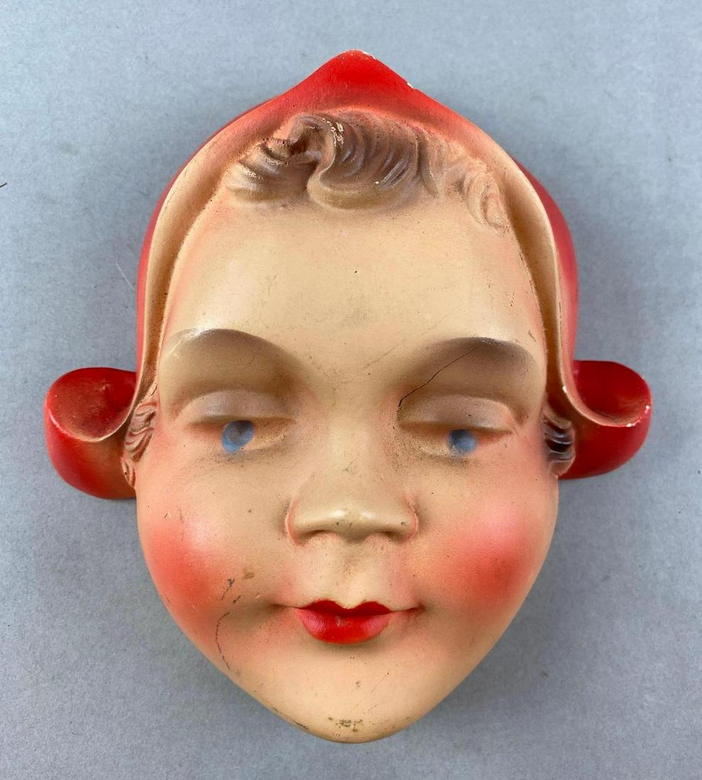 Woman with Redcap Plaster String Holder: Needs cleaned, multiple marks. Measures 7 1/4 x 6 3/4 x 3 1/4 inches