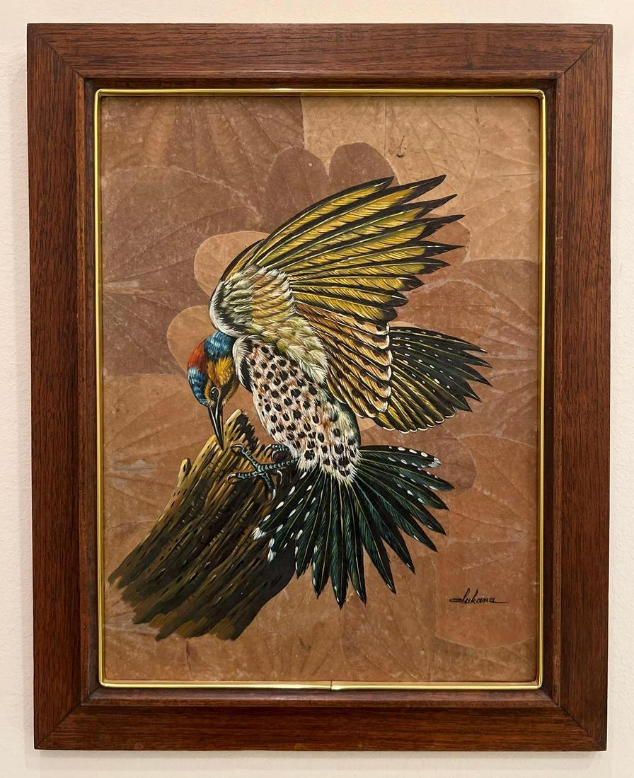 Lukana Framed Bird Painting on Leaf Foundation: Frame measures 15 1/2 x 19 3/4, Hart measures 12 x 16