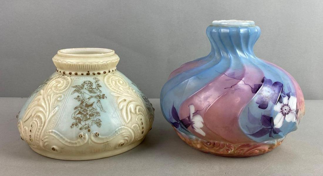 Group of 2 Glass Shades: Chipping throughout, some paint loss, largest measures 7 1/4 X 7 3/4 inches, fitting size measures 2 1/4 inch diameter, small shade fitting size measures 3 inch diameter