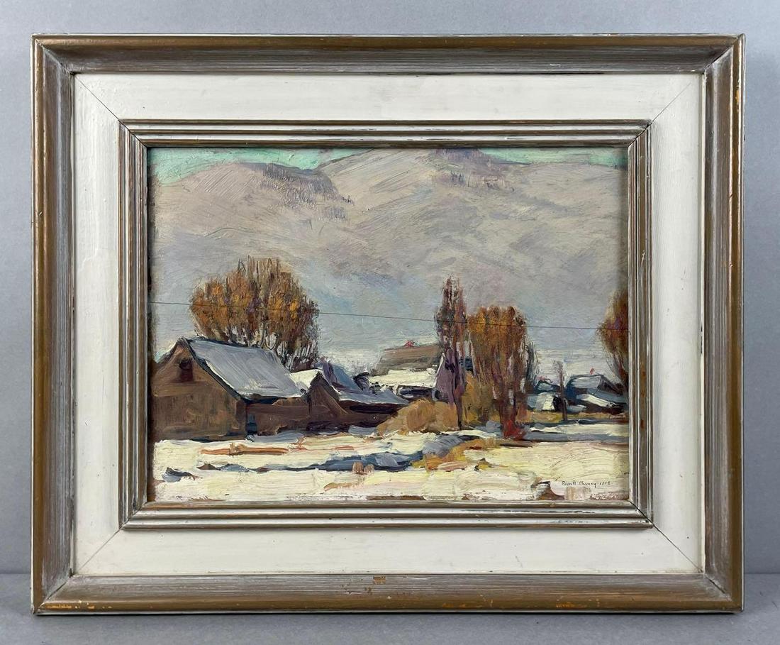 Russell Cheney Artist Signed Barns and Mountain Scene Oil Painting on Board: Maine/Connecticut/California/Maine, 1881-1945 Signed Russell Cheney 1918 on front and back. On wood, board is cracked through middle of painting. Painting measures 13 1/8 x 9 1/2 inches, frame measure