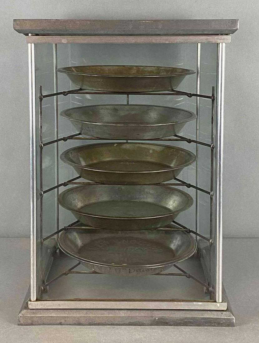 Vintage New England Table Talk Diner Pie Counter Display: Glass case with magnetic close, Includes 6 Metal pie tins, Measures 18 1/2 x 13 x 13in.