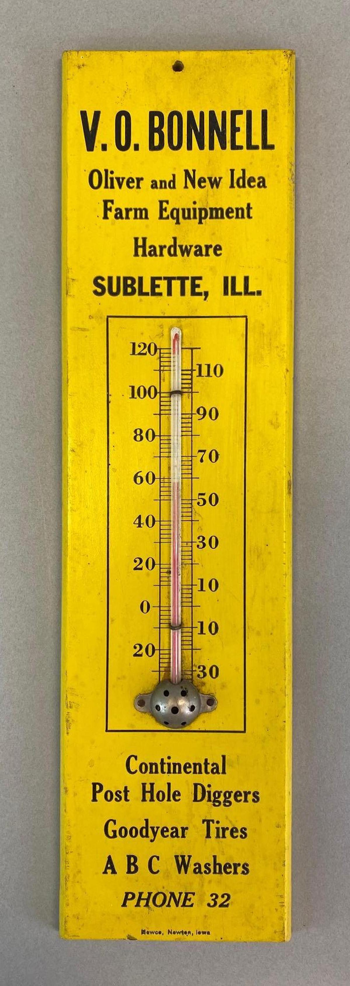 V.O. Bonnell Farm Equipment Wood Advertising Thermometer: Sublette Illinois, Oliver and New Idea Farm Equipment Hardware, Measures 11 3/4 x 3in.