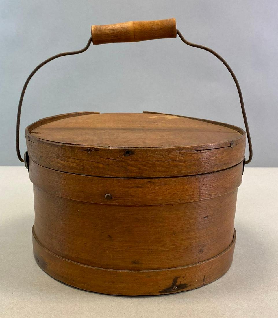 Primitive Wood Cheese Box with Handle: Small break along top rim, With handle, Measures 5 1/4 x 9 3/4 x 8 1/2in.