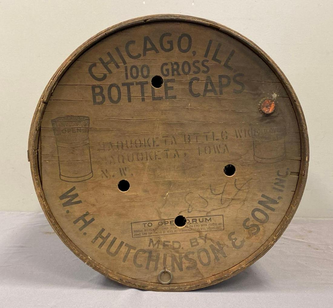 W.H. Hutchinson and Son Inc. Advertising Bottle Cap Barrel: Chicago Illinois, 100 Gross, Measures 23 1/2 x 19 x 19in.