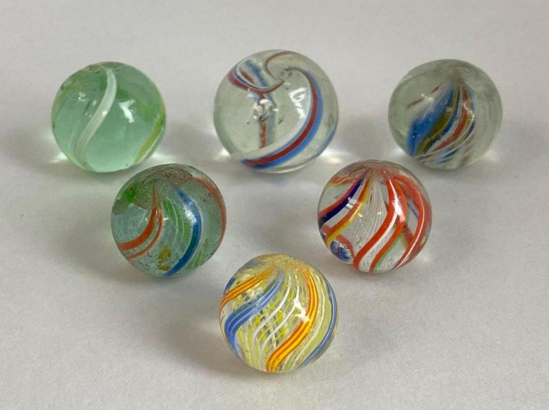 Group of 6 Glass Swirl Marbles: Includes divided core, surface imperfections, largest measures 0.9 inches, 2 cm, 22 mm