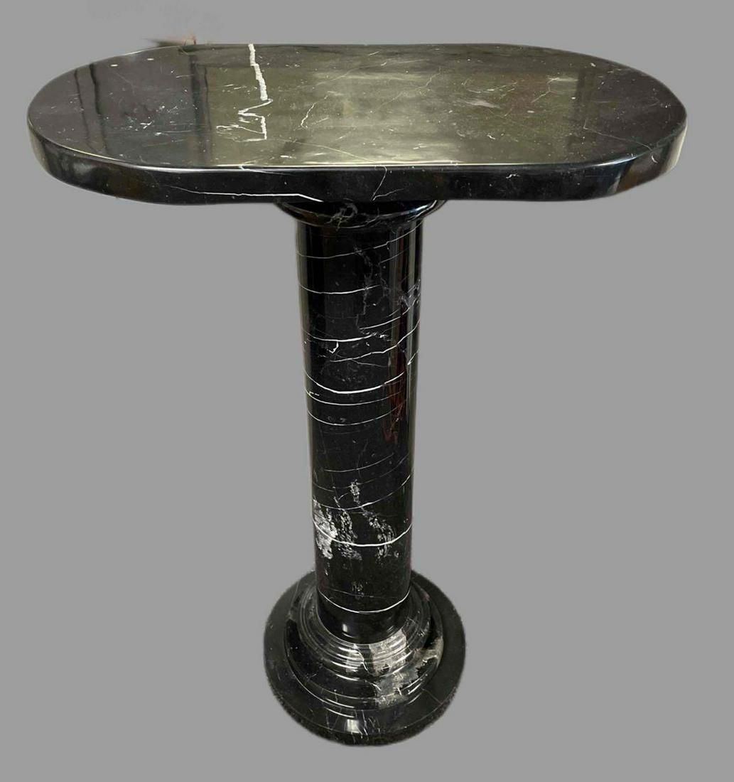 Black Marble Pedestal Table with White Lines: NO IN-HOUSE SHIPPING, 3rd party shipper recommended. One piece. Measures 39 x 28 x 15 1/2 inches