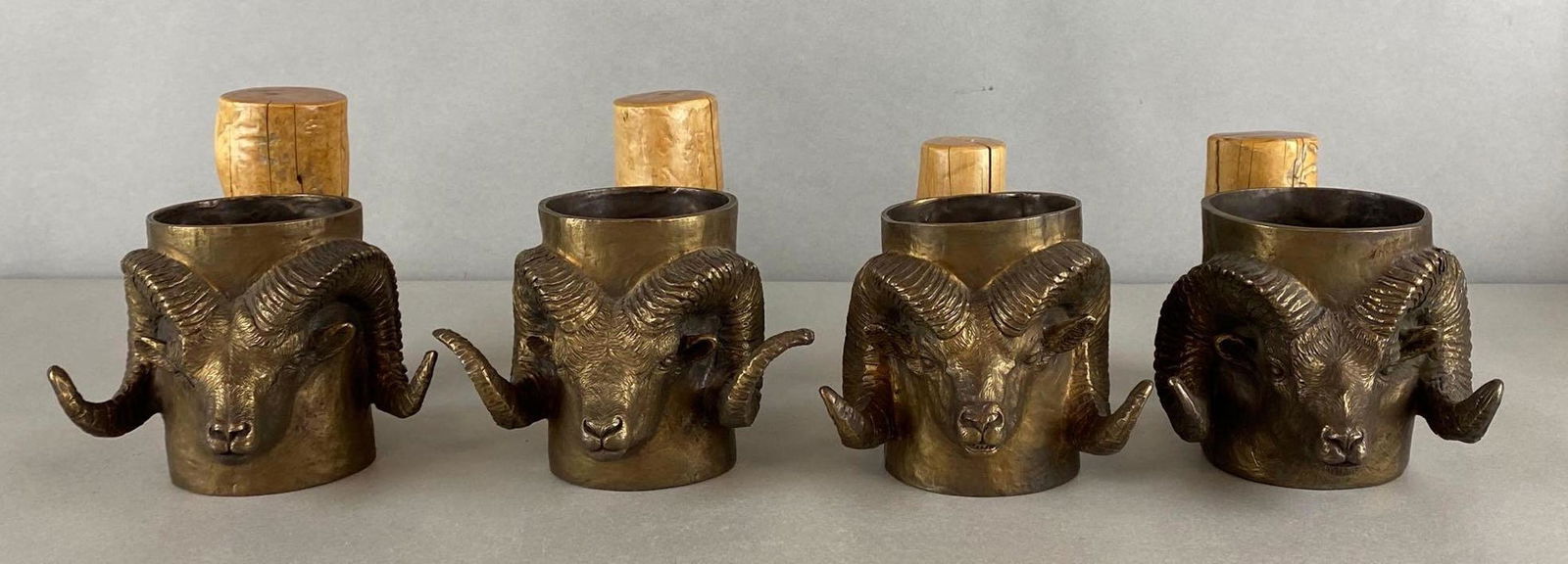 Group of 4 Carl Wagner Limited Edition Rams Head Bronze Mugs: 1978-80, Includes Mountain Big Horn Ram, Dall Ram, Desert Big Horn, and Stone Ram, All measure approximately 5 1/2 x 7 1/2 x 6in.