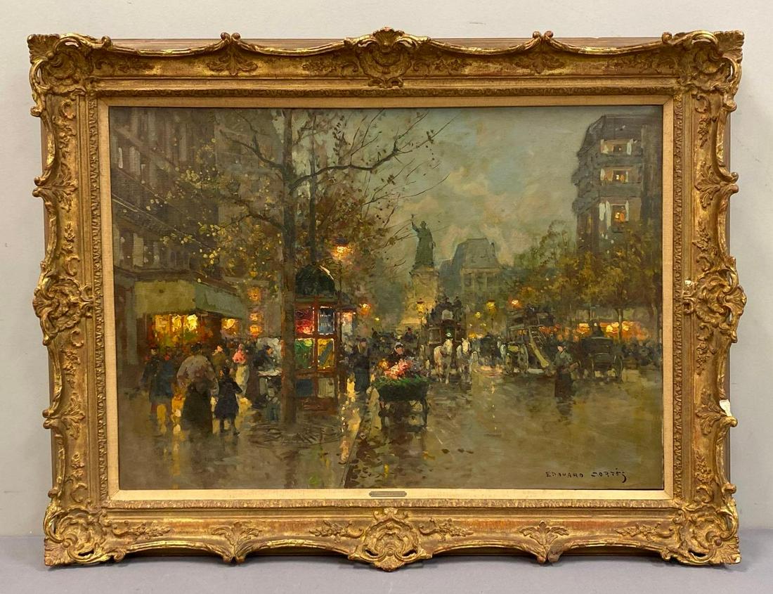 Edouard Cortes Place de la Republique Oil Painting on Canvas: Edouard-LÃ©on CortÃ¨s (French, 1882-1969) Artist's signature on the bottom right corner, Nameplate on the front with artist's name, In need of a good cleaning, Some chips in gilded frame, Frame me