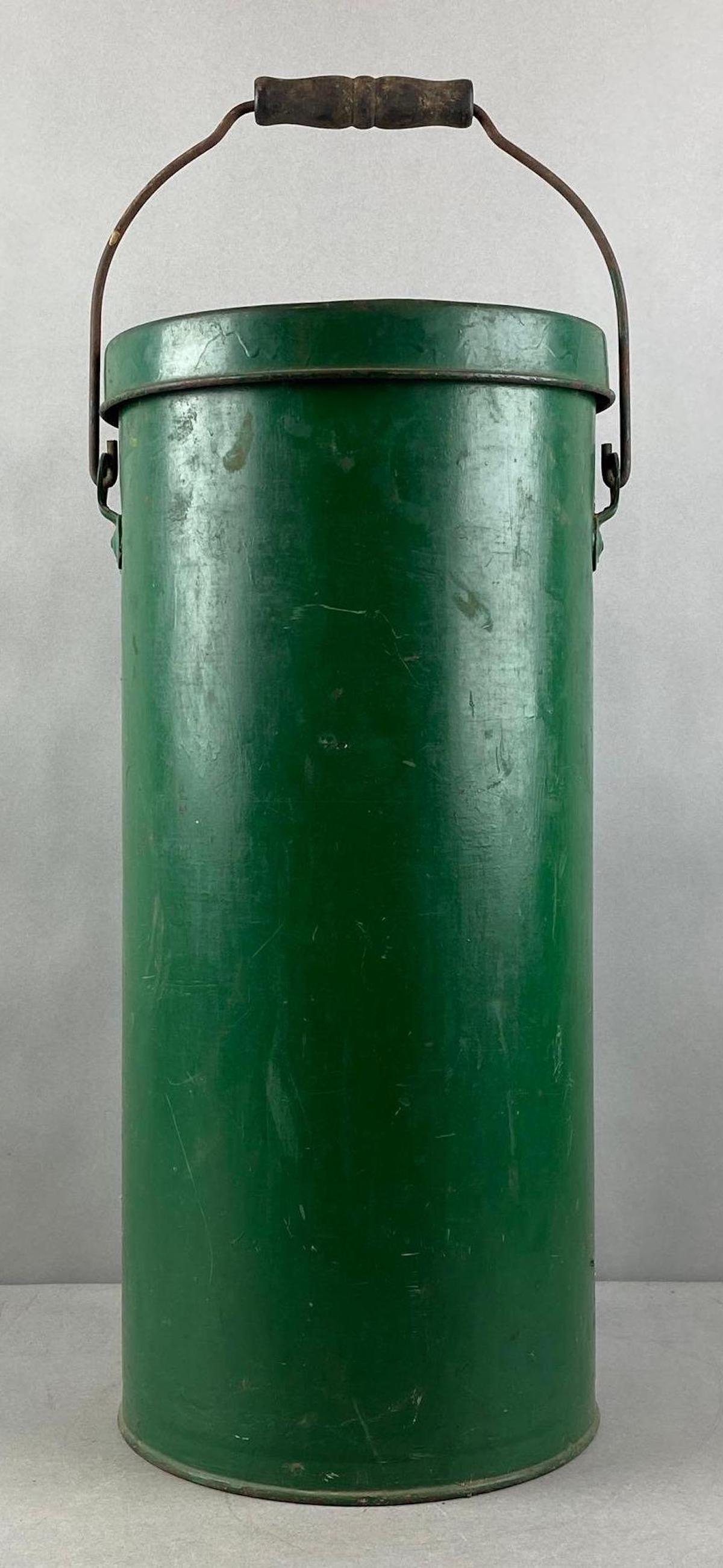 Antique Green Flour Storage Tin: Has been repainted. NO IN-HOUSE SHIPPING, 3rd party shipper recommended. Measures 19 1/4 x 9 inches (with handle down).