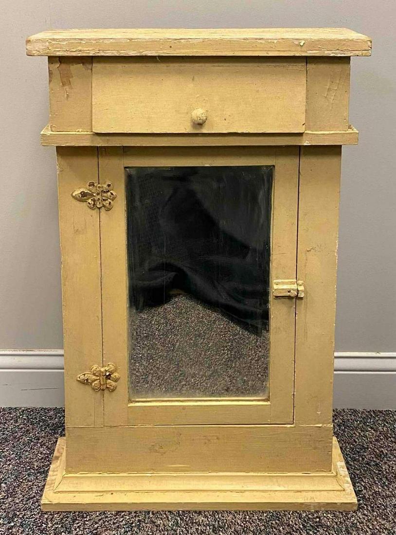 Primitive Bathroom Medicine Mirrored Cabinet: Paint is chipping. Measures 33 1/2 x 21 1/2 x 6 1/2 inches. NO IN-HOUSE SHIPPING, 3rd party shipper recommended.