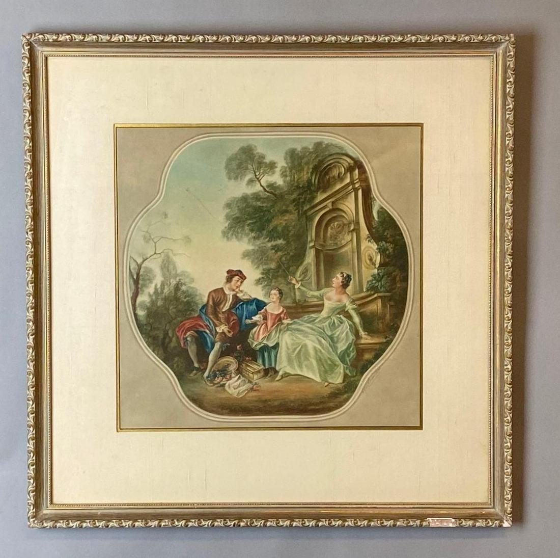 Nicolas Lancret Innocence Giclee Print on Paper: Artist mark on bottom right corner, Some broken pieces on frame, Frame measures 21 x 21in, Print measures 13 1/2 x 13 1/2in.