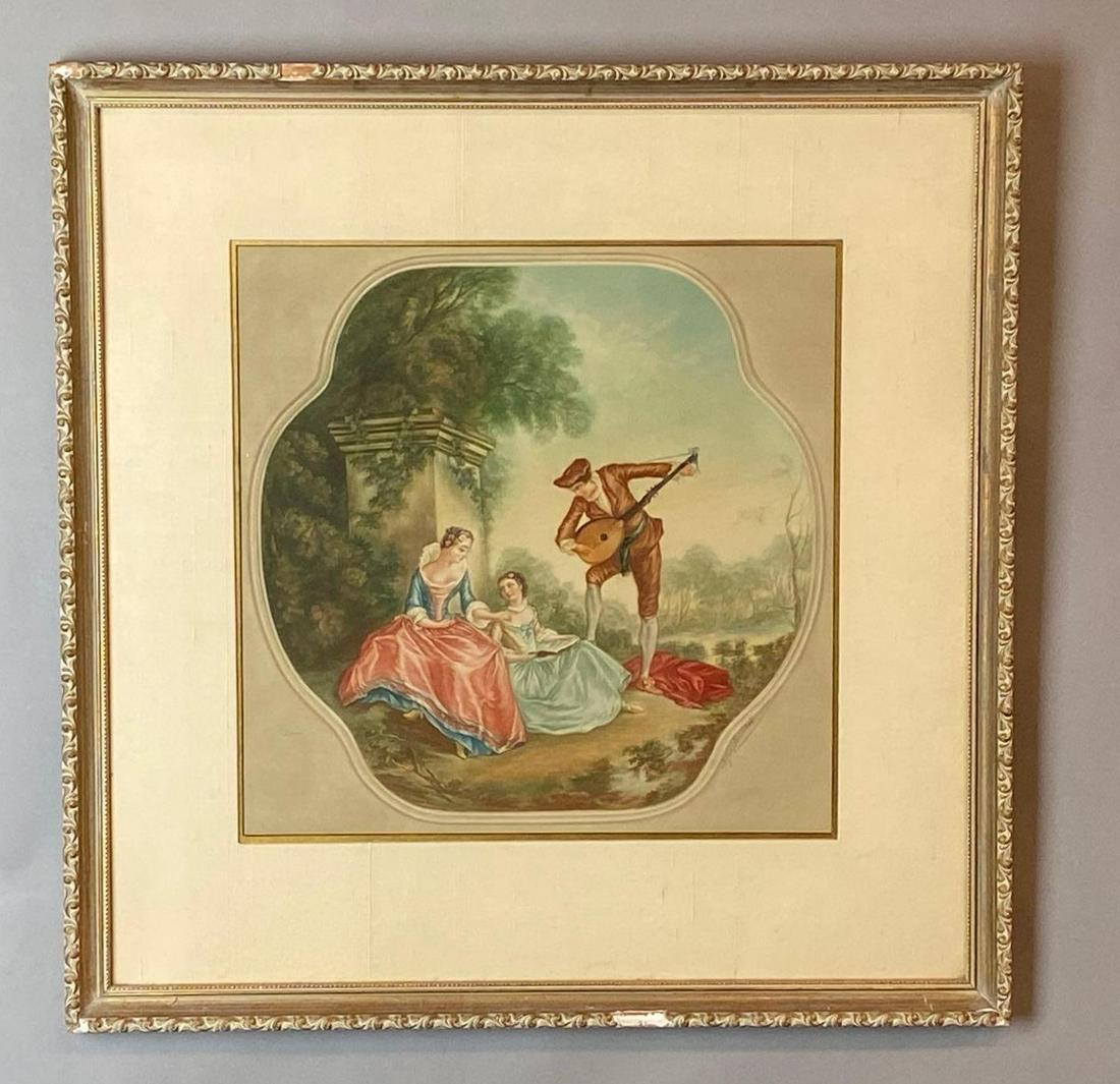 Nicolas Lancret The Music Lesson Giclee Print on Paper: Artist mark on bottom right corner, Somw broken pieces on frame, Frame measures 21 x 21in, Print measures 13 1/2 x 13 1/2in.