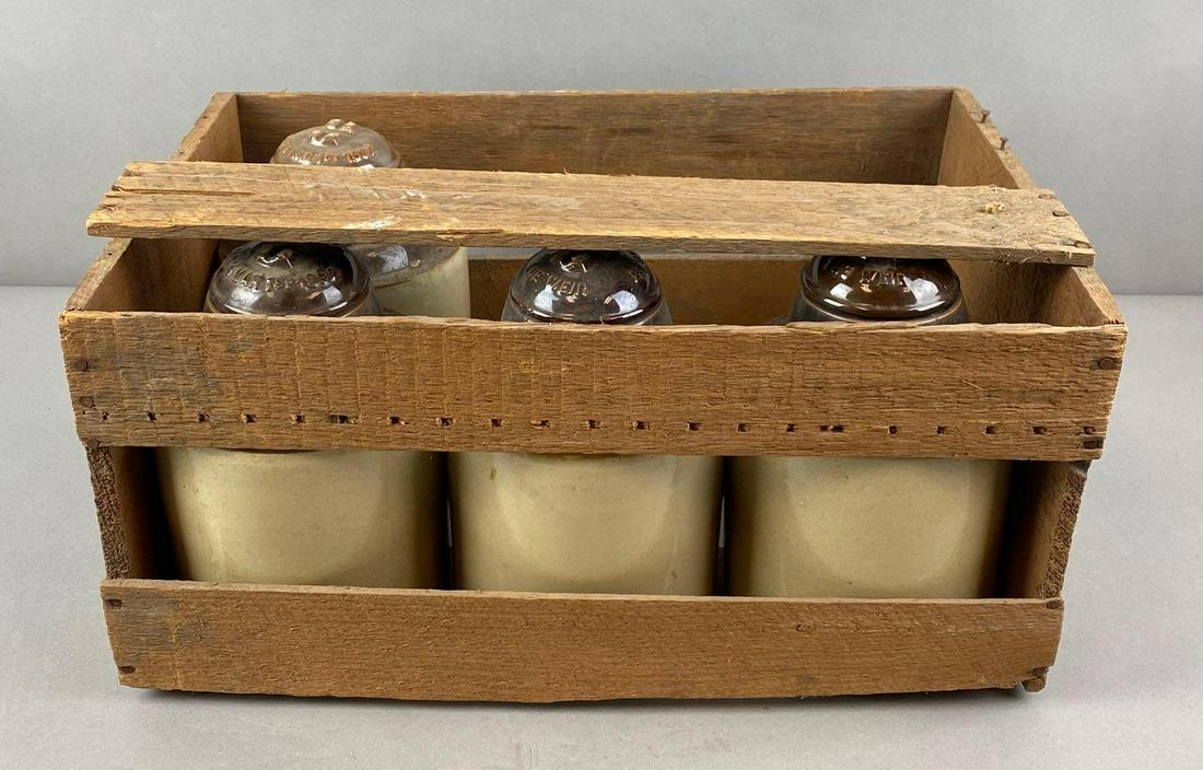 Group of 4 The Weir Stoneware Lidded Crocks with Original Crate: Crate measures 8 3/4 x 18 1/2 x 12 inches. Lids read: Patd March 1st 1892. 4 total crocks. Some have chips on bottom.