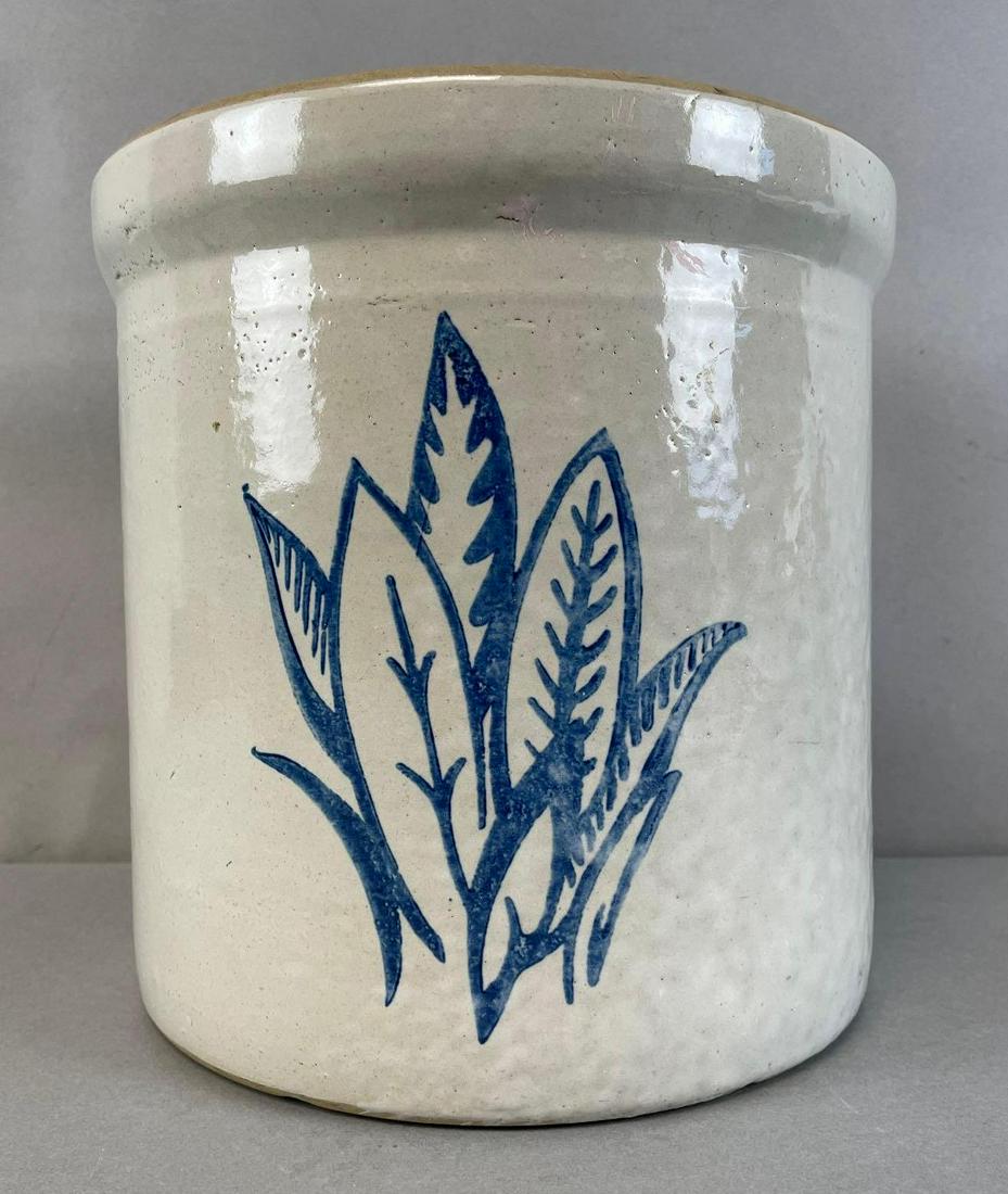 Western Stoneware Co. 2 Gallon Crock with Cobalt Leaves: Monmouth ILL. Measures 9 3/8 x 9 1/4 inches