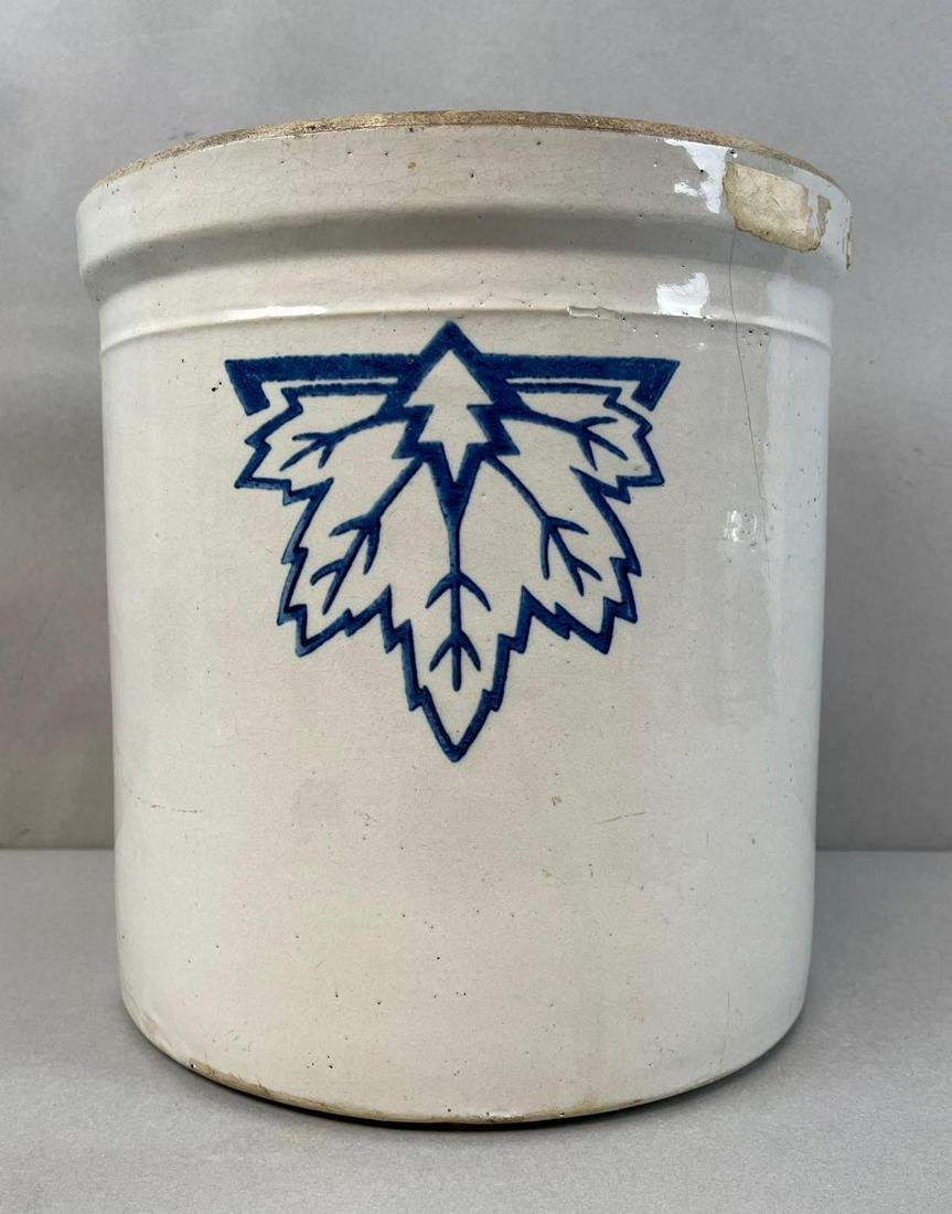 Western Stoneware Salt Glaze 2 Gallon Crock with Cobalt Maple Leaf: Monmouth ILL. Many cracks and repairs. Measures 9 1/2 x 9 1/4 inches
