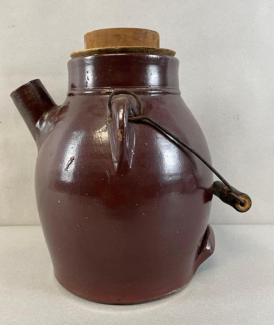 Salt Glaze 1 Gallon Ovoid Brown Pitcher with Lid and Bailer: Glaze it chipped near lid. Measures 9 1/2 x 7 1/2 inches without lid