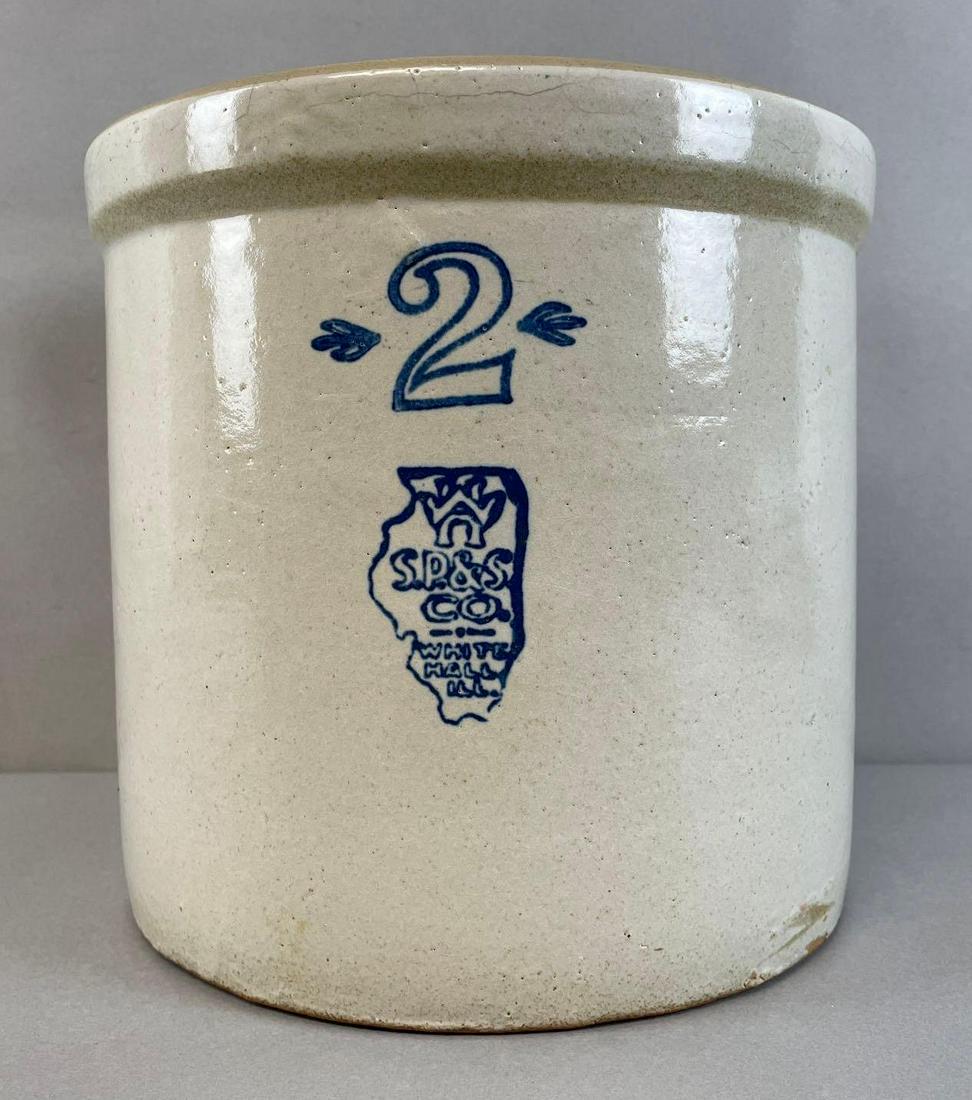 White Hall Illinois S.P. and S. Co. 2 Gallon Stoneware Crock: Whitehall ILL. Measures 9 x 9 1/2 inches