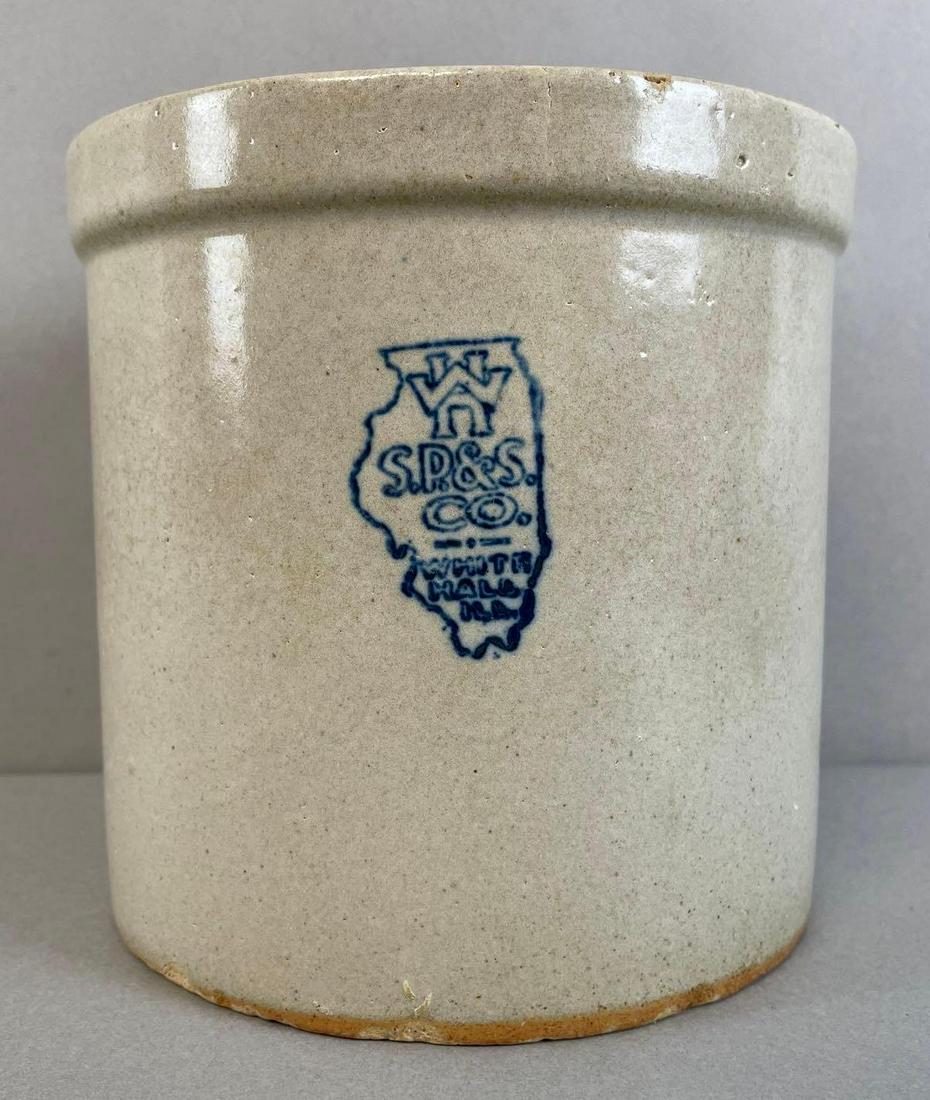 White Hall Illinois S.P. and S. Co. Stoneware Crock: Whitehall ILL. Small chips on bottom edge. Measures 6 x 6 inches