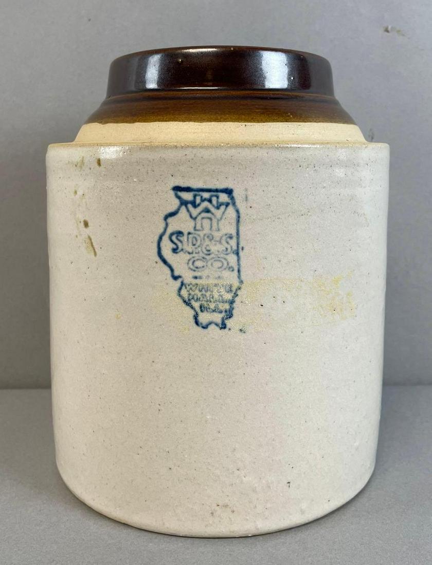 White Hall Illinois S.P. and S. Co. Stoneware Crock: Whitehall ILL. Crack at top backside. Measures 7 x 5 3/4 inches