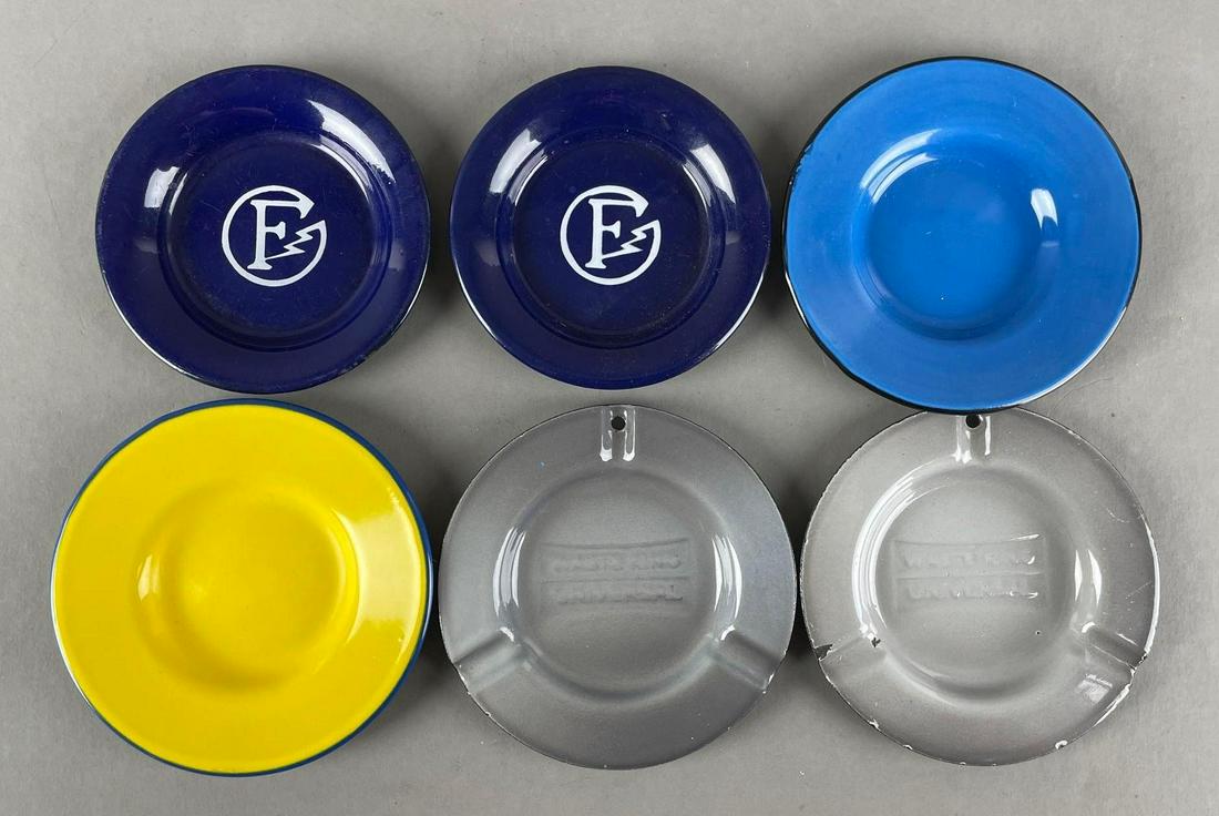 Group of 6 Vintage Tip Trays and Ashtrays: Includes 2 Flash Gordon, 2 waste king universal ash trays, and more. All enamel metal. Largest measures 4 3/4 inches
