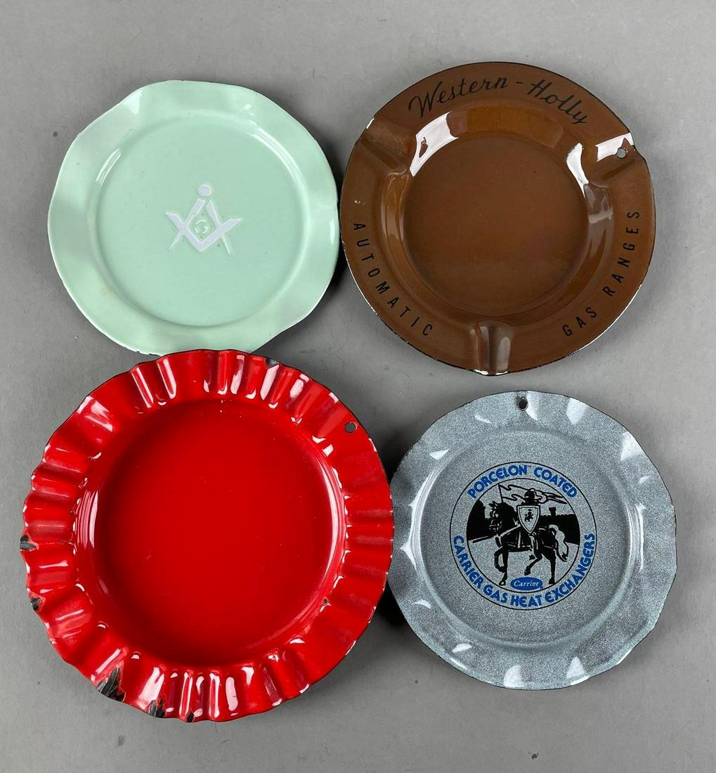 Group of 4 Vintage Enamelware Advertising Ashtrays: Largest measures 7 inches