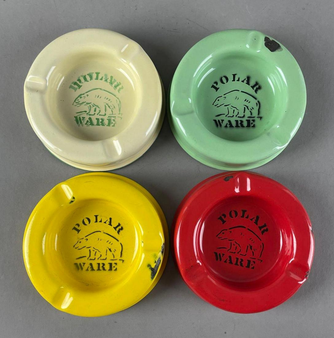 Group of 4 Vintage Polar Ware Enamelware Advertising Ashtrays: Some wear. Each measure 4 5/8 x 1 inch