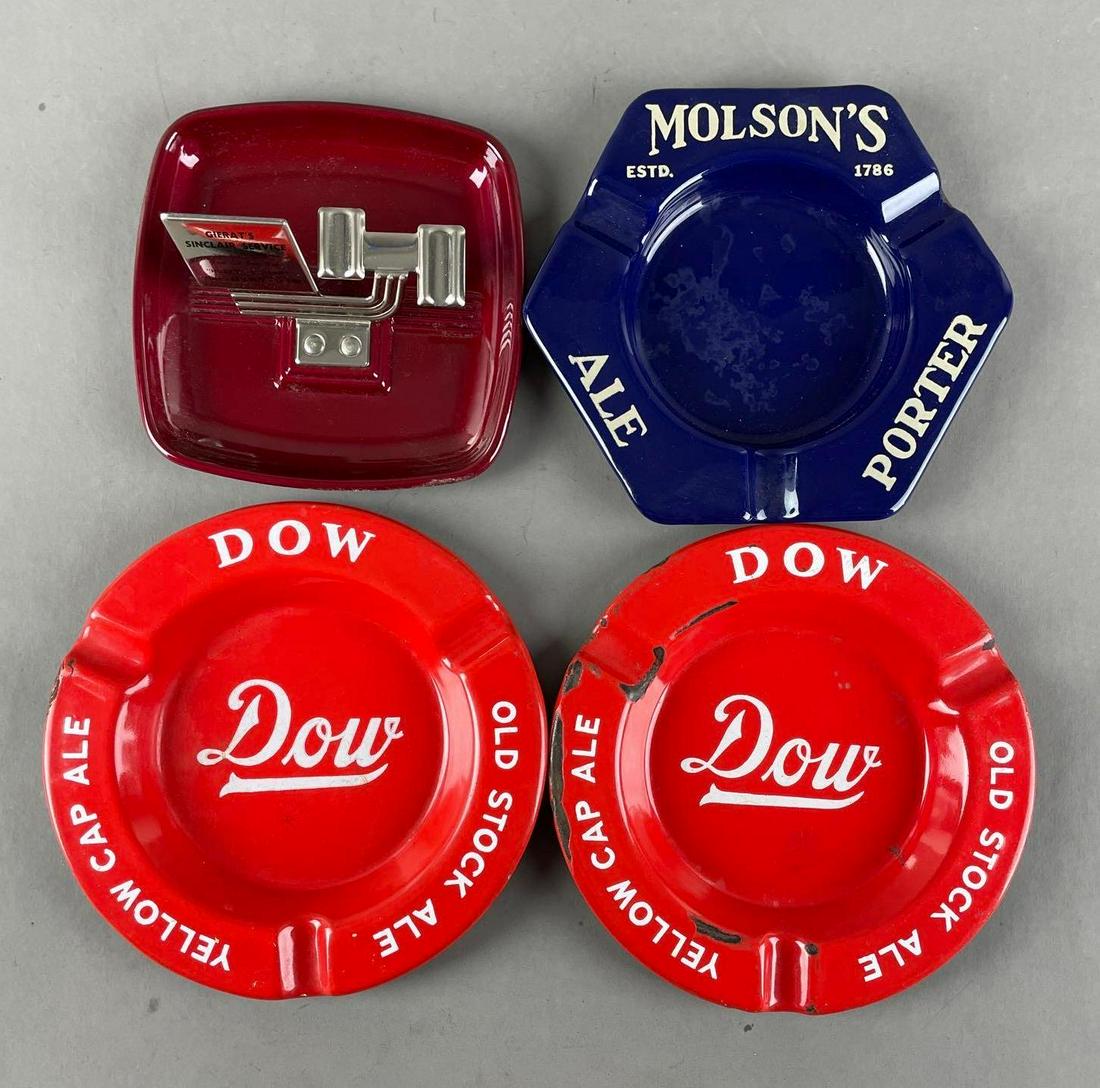 Group of 4 Vintage Advertising Ashtrays: Includes 2 Dow Beer yellow cap ale, molsons porter ale, and Gierats Sinclair service, Lasalle il. Largest measures 6 3/4 inches