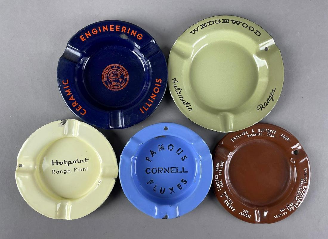 Group of 5 Vintage Advertising Ashtrays: Includes university of Illinois ceramic engineering, wedgewood automatic ranges, hotpoint range plant, and more. Largest measures 6 1/2 inches
