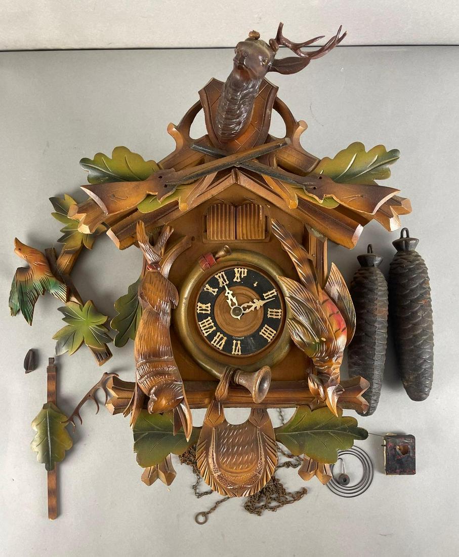 Vintage Thorens Swiss Hand Carved Cuckoo Clock: Untested. Antlers on deer need repaired, clock in general coming apart. Measures roughly 19 x 10 x 7 inches