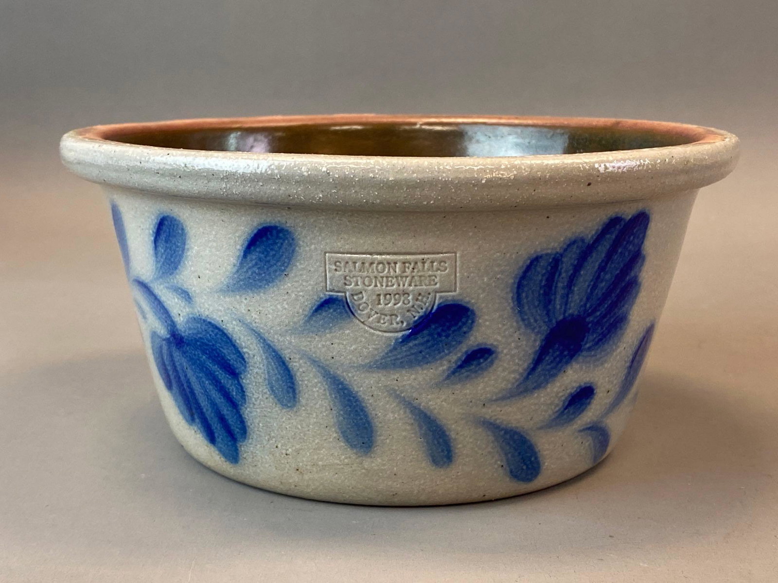 Salmon Falls Salt Glazed Cobalt Blue Stoneware Bowl: 1998, Dover New Hampshire, Measures 3 1/2 x 7 1/4 x 7 1/4in.