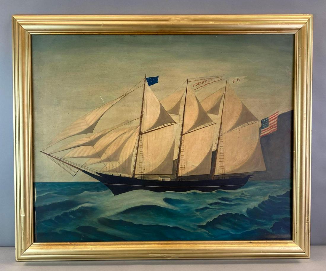 US Adeline E. Sailing Ship Oil Painting on Board (1 of 4)