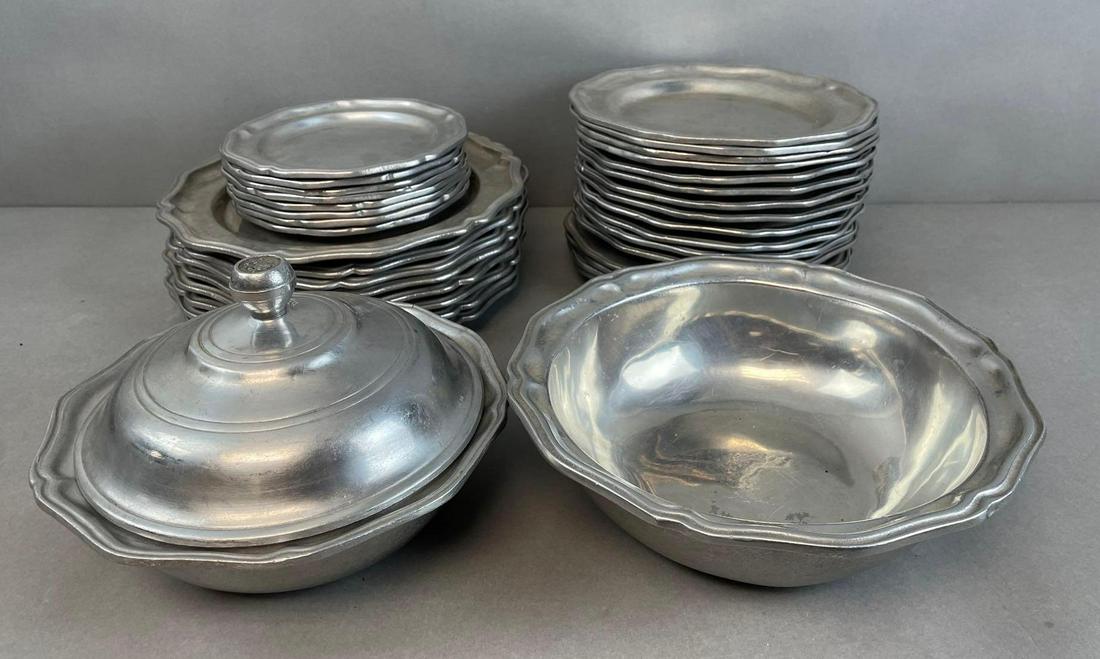 Group Of 34 Vintage Pewter Plates And Serving Bowls Auction