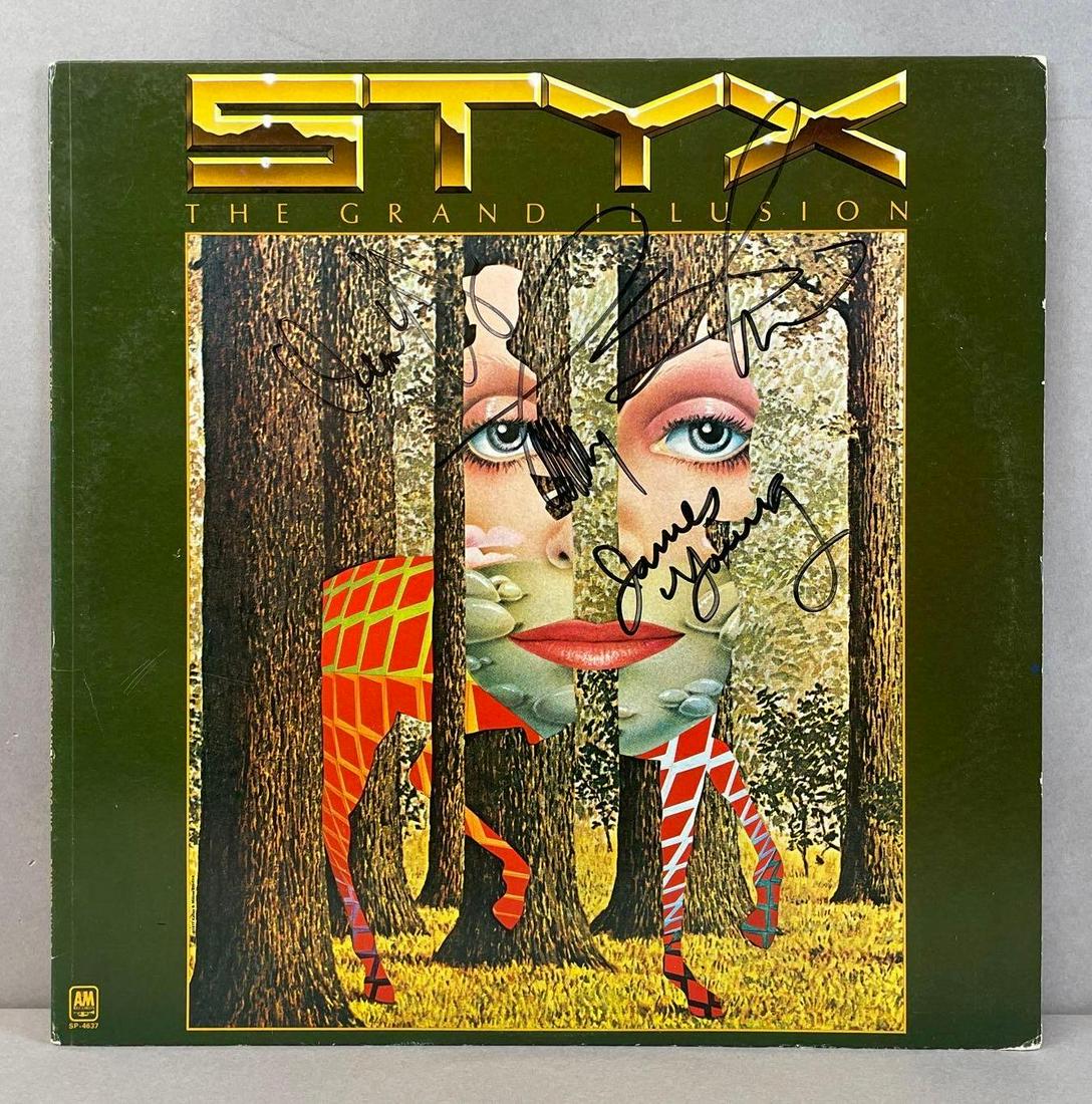 Vintage Signed Styx The Grand Illusion Vinyl Record: Album cover signed by James Young, Dennis Deyoung, and 2 more members