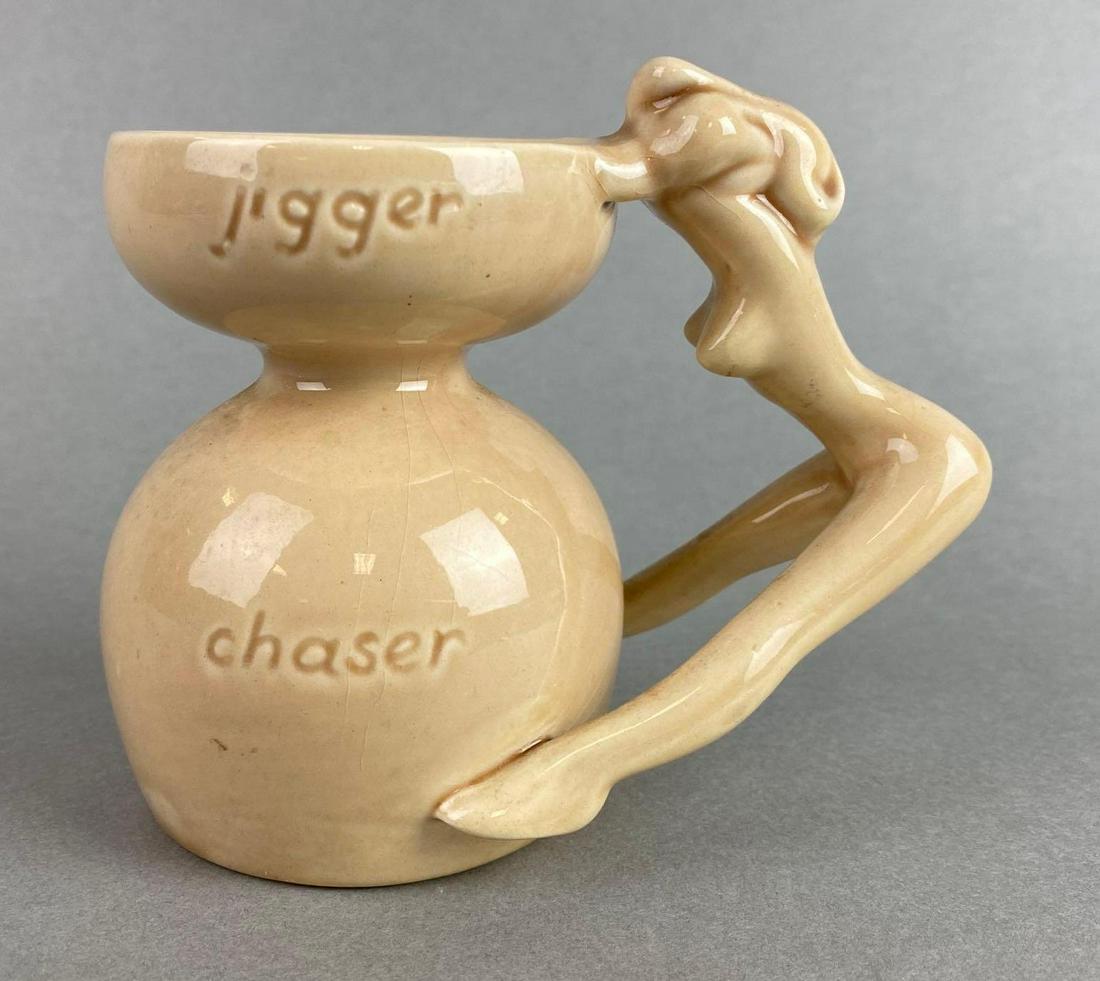 Dorothy Kindell Erotic Pin Up Ceramic Shot Glass: Circa 1940s, bottom marked, crazing, measures 3 3/4 X 4 1/4 X 2 1/2 inches