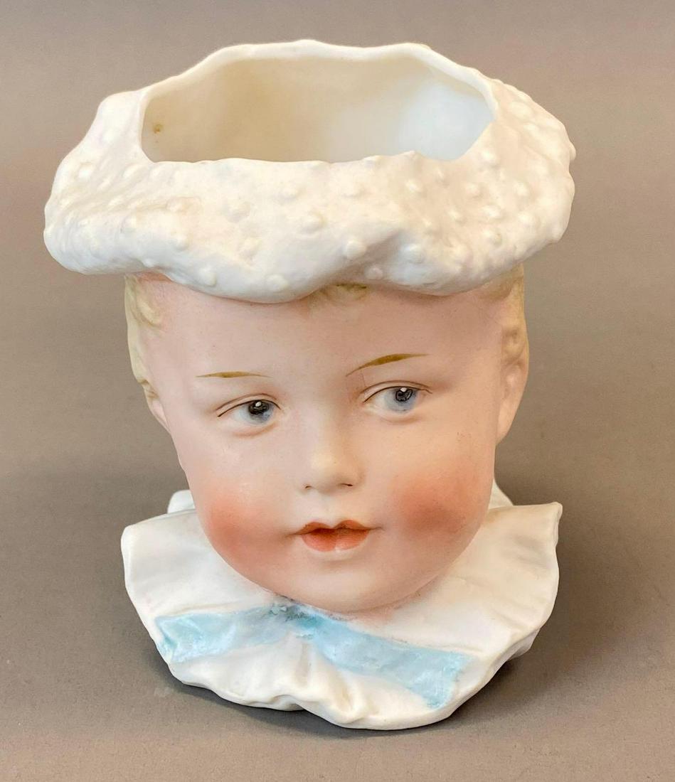 Bisque Porcelain Boy Head Vase: Measures 3 1/4 x 3 x 3 1/4in.