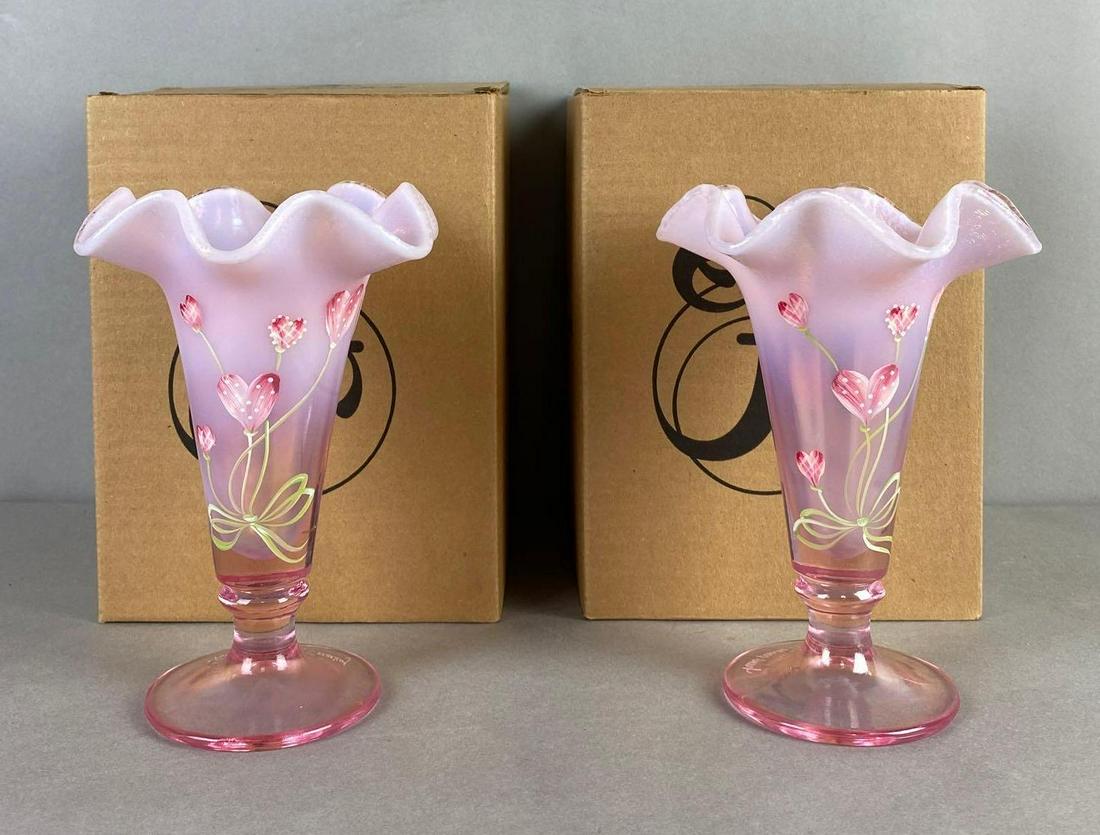 Group of 2 Hand Painted Fenton Opalescent Pink Glass Ruffle Edge Art Glass Heart Vases (1 of 4)