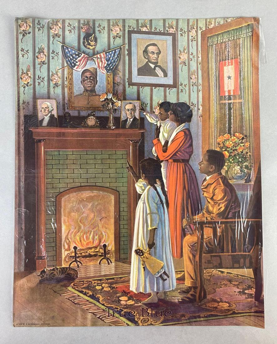 E. G. Renesch True Blue WW1 Lithograph: 1919, Chicago, parts torn, measures 20 X 16 inches