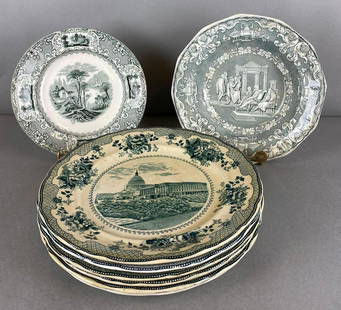 Group of 7 Porcelain Transferware Plates and Bowl: includes Buffalo pottery, lucerine, Classic Antiques. crazing, chipping and discoloration, largest measures 10 1/4 inch diameter