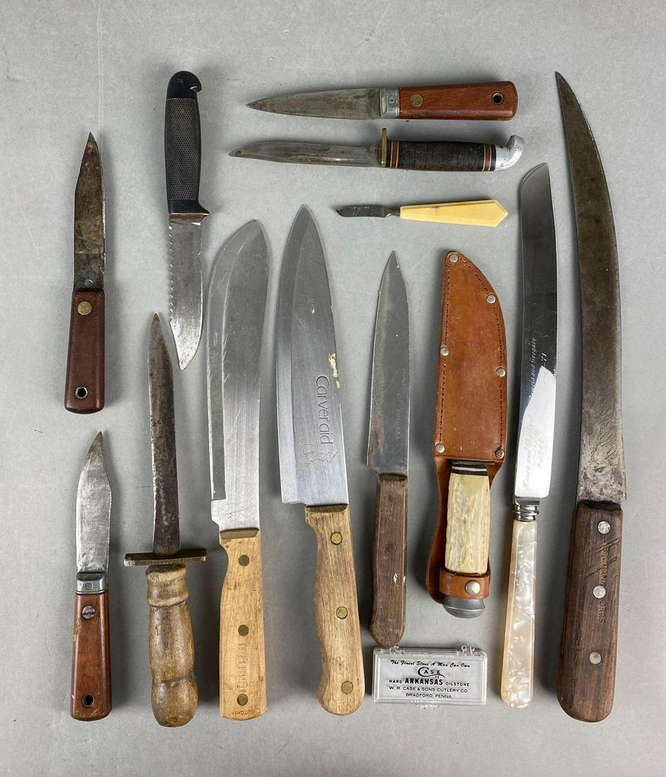 Group of 13 Kitchen Knives: Includes various sizes & blades, largest measures 17 X 1 1/4 X 2 inches