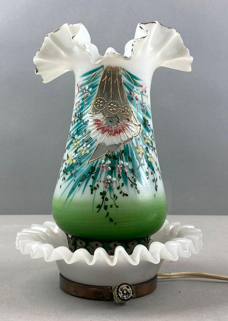 Hand Painted Milk Glass Table Lamp: Non working condition, small chips in base of top half. 9 x 6 1/2 x 6 1/2 inches