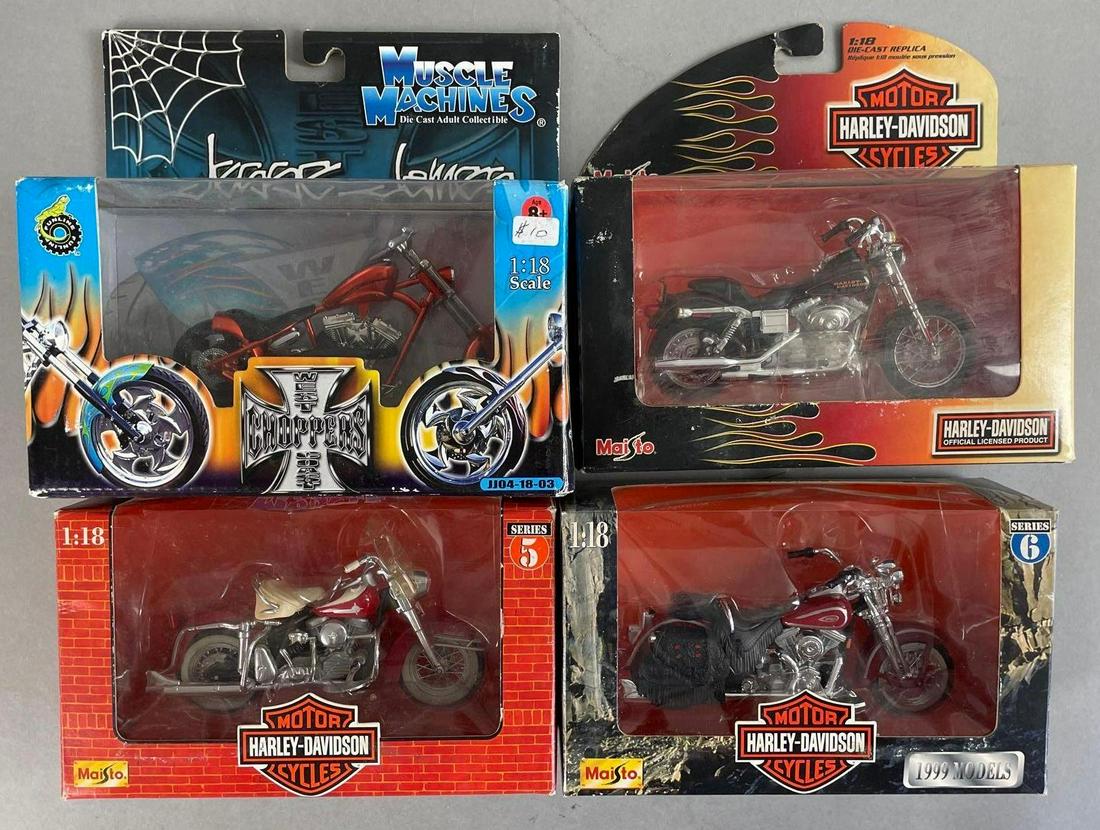 Group of 4 Diecast Motorcycles: Original packaging, all 1:18 scale. Includes 3 Maisto Harley Davidsons, and Funline West Coast Chopper. Largest measures 7 1/4 x 7 1/2 x 3 inches