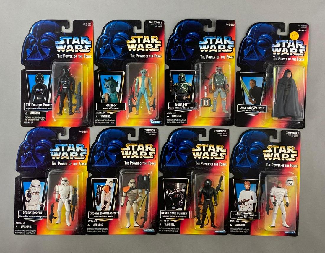 Group of 8 Kenner Star Wars The Power of The Force Action Figures: 1995 Hasbro. Includes Stormtrooper, TIE Fighter Pilot, Boba Fett, and more. Original packaging, measures 9 x 6 inches.