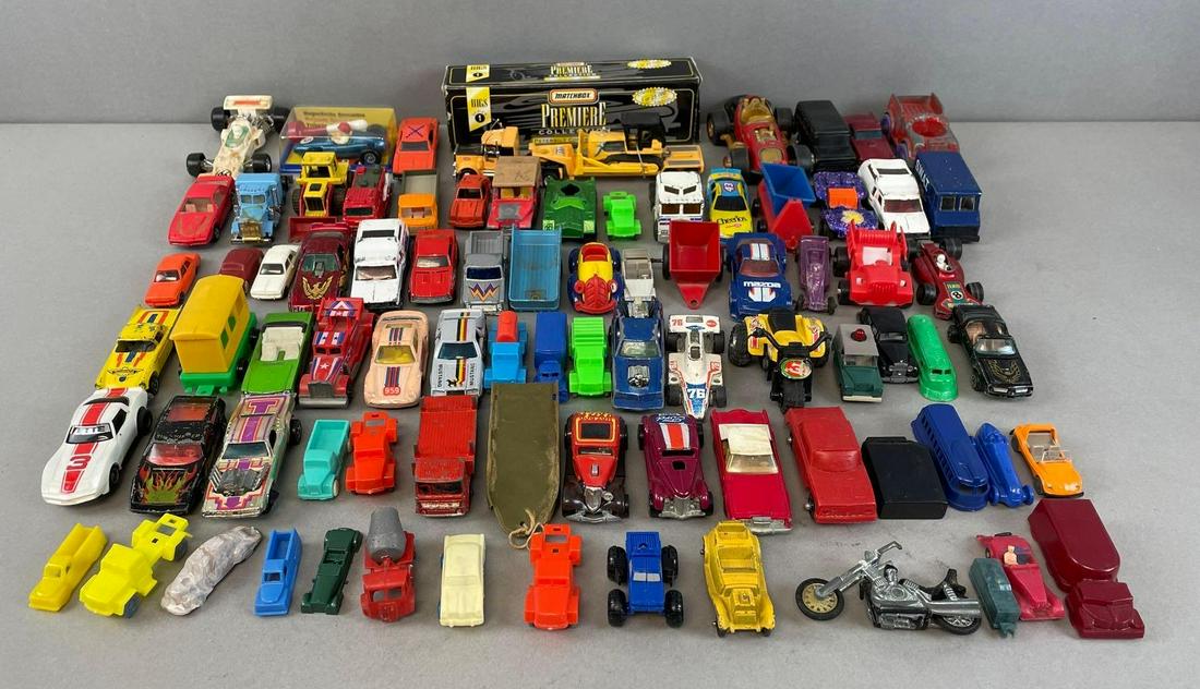 Group of 80+ Hot Wheels and Matchbox Diecast Cars and More: Includes limited edition matchbox peterbilt, tootsie toy sprint racer, plastic cars and train cars, and more. Peterbilt box measures 7 1/4 inches