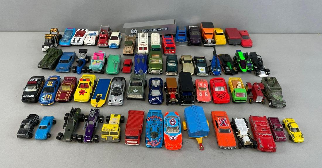Group of 60+ Assorted Hot Wheels and Matchbox Diecast Vehicles: Includes tootsie toy, corgi toys, 1958 snoopy, Ertl general Lee, and more